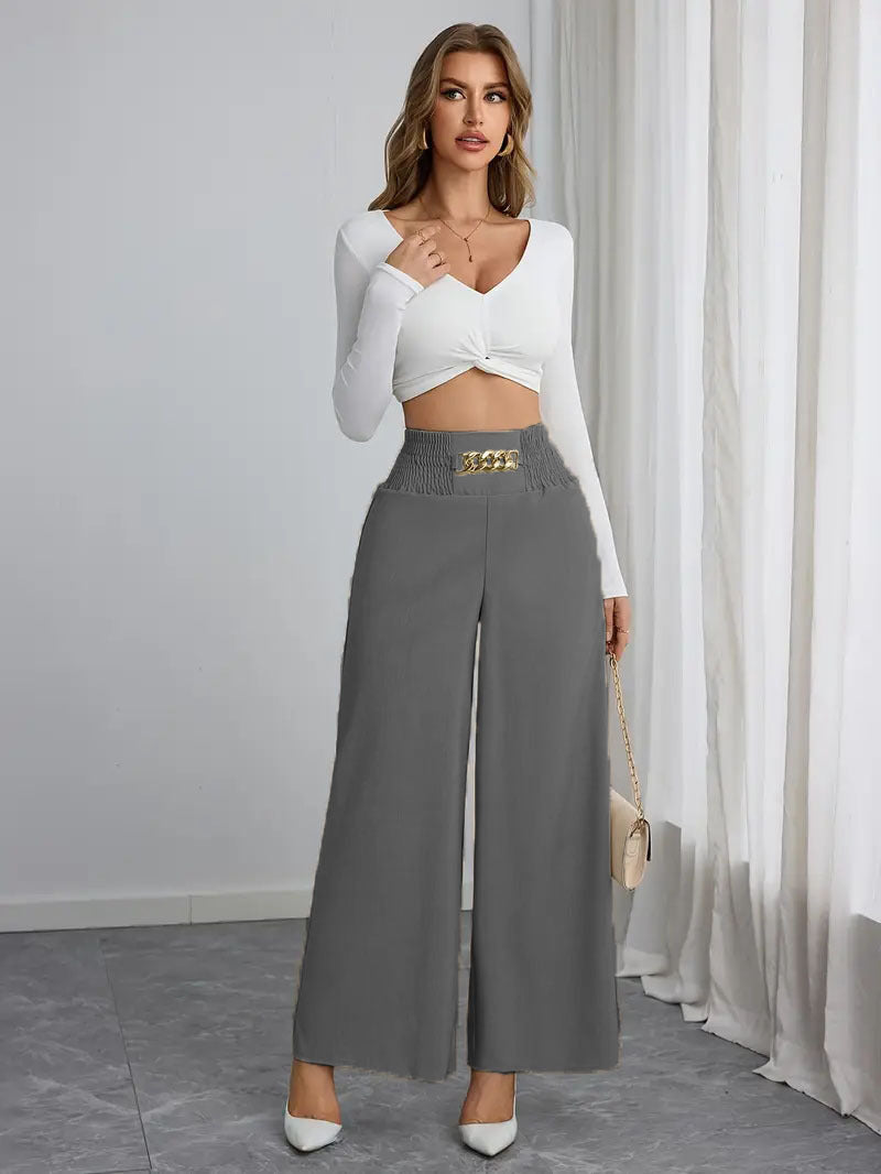 Damen Weite High-Waist Hose mit dekorativem Gummizug und modischem Gürtel R&B