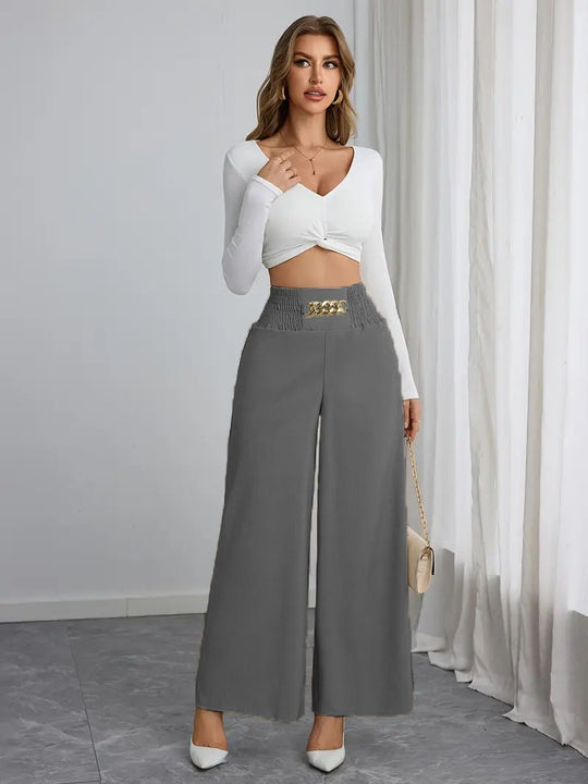 Damen Weite High-Waist Hose mit dekorativem Gummizug und modischem Gürtel R&B