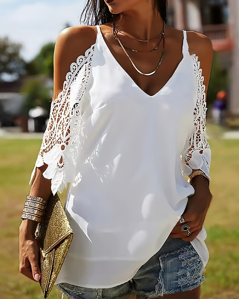 Damen Bluse mit offenen Schultern und Spitzenakzenten R&B