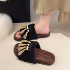 Damen Flauschige Pantoletten mit Boho-Design und Fransen EB