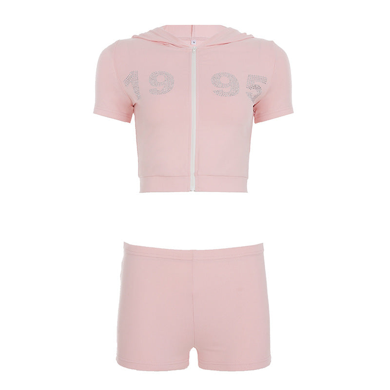 Damen sportliches Zweiteiliges Set mit Kapuzenoberteil und kurzen Shorts R&B