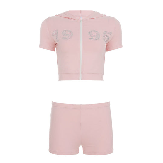 Damen sportliches Zweiteiliges Set mit Kapuzenoberteil und kurzen Shorts R&B