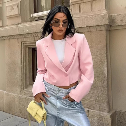 Damen Cropped Blazerjacke mit oversized Ärmeln und Detailknöpfen R&B
