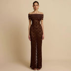 Damen Elegantes Spitzenabendkleid mit schulterfreiem Design und raffiniertem Schlitz R&B