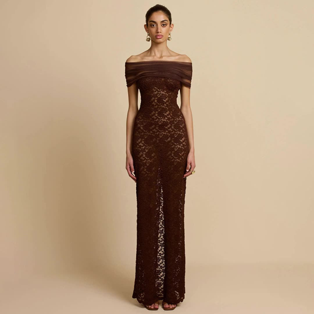 Damen Elegantes Spitzenabendkleid mit schulterfreiem Design und raffiniertem Schlitz R&B