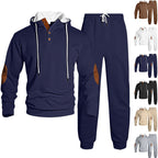 Herren nan Waffelstruktur Henley-Kapuzen-Set mit Holzknopfleiste Ellbogen-Patches und konischer Jogginghose R&B