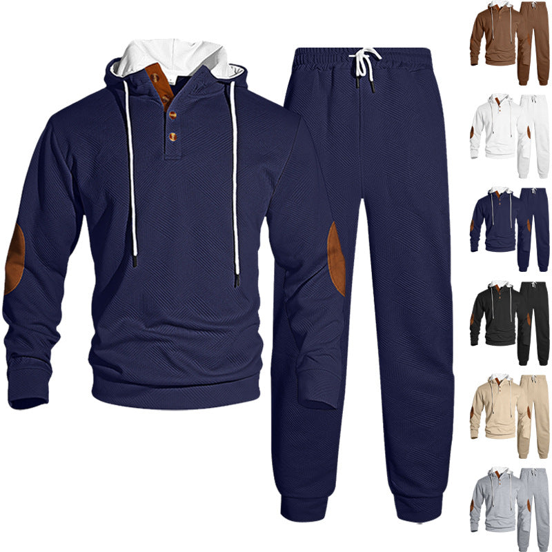 Herren nan Waffelstruktur Henley-Kapuzen-Set mit Holzknopfleiste Ellbogen-Patches und konischer Jogginghose R&B