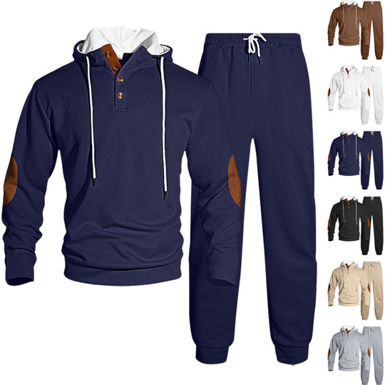 Herren nan Waffelstruktur Henley-Kapuzen-Set mit Holzknopfleiste Ellbogen-Patches und konischer Jogginghose R&B