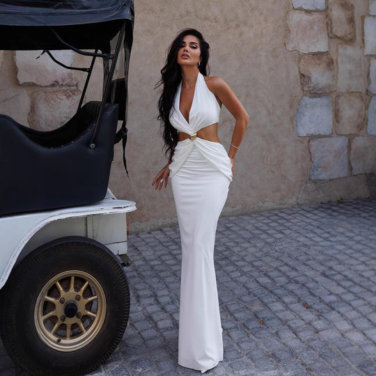 Damen elegantes Wickelmaxikleid mit tiefem V-Ausschnitt und goldenen Akzenten R&B