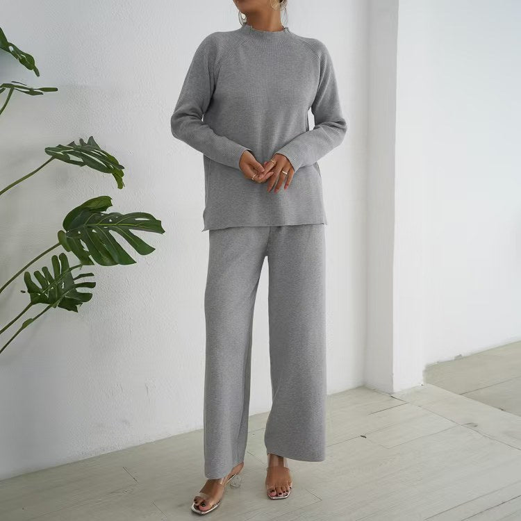Damen elegantes und lässiges Strick-Loungewear-Set mit hohem Kragen und weiten Beinen R&B