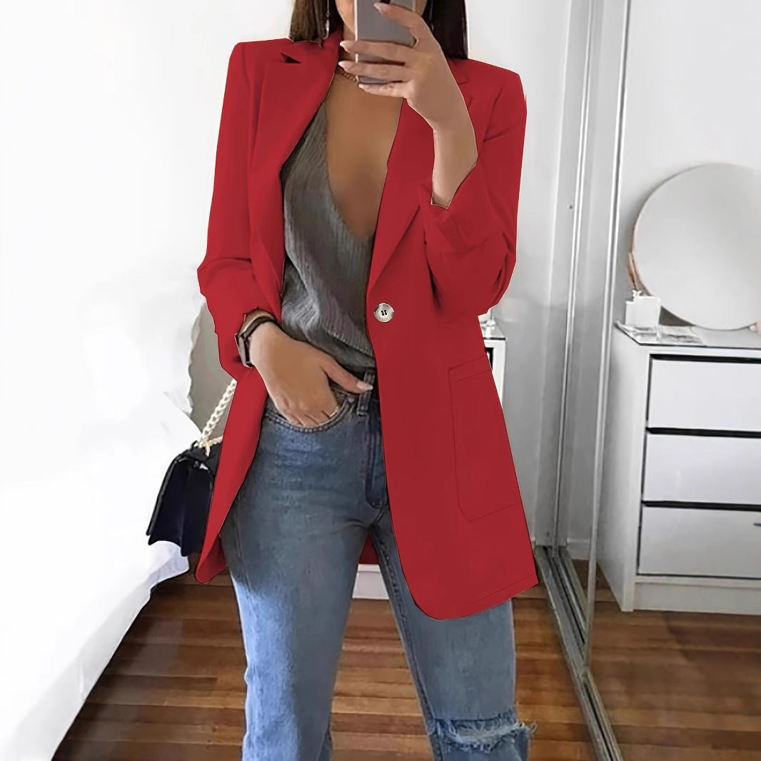 DamenStylische Blazerjacke mit glänzenden Knopfdetails und großzügigen Taschen R&B