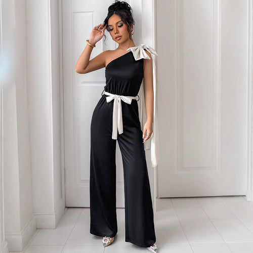 Damen eleganter Jumpsuit mit asymmetrischem Ausschnitt und dekorativem Taillengürtel R&B