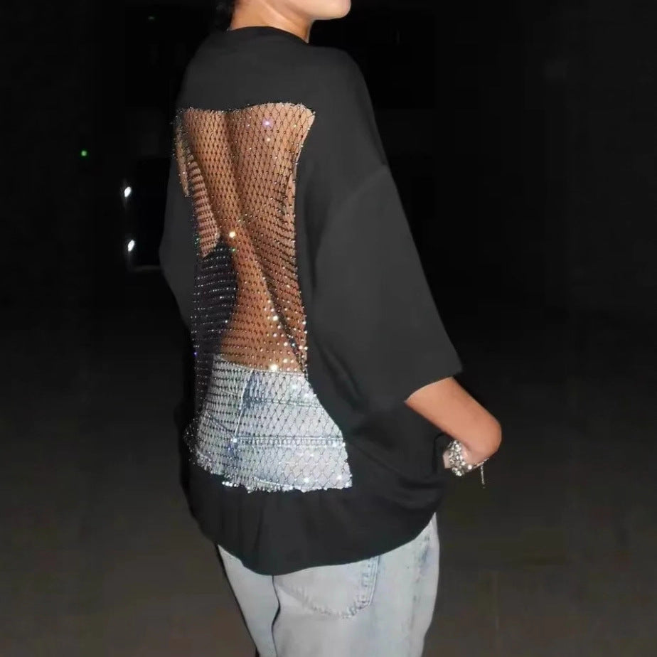 Damen nan Oversize-T-Shirt mit transparentem Netzrücken, Strassbesatz und Jeans-Print R&B