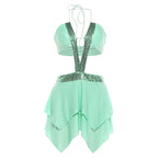 Damen schulterfreies Kleid mit funkelnden Pailletten und schwingendem Rock R&B