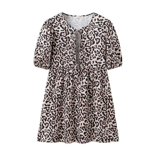 Damen Sommerkleid mit lässigem Leopardenmuster und voluminösen Ärmeln R&B