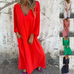 Damen elegantes Maxikleid mit V-Ausschnitt und praktischen Seitentaschen R&B