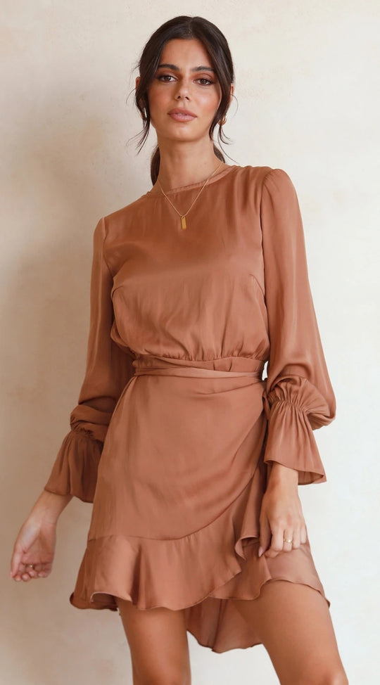 Damen Wickelkleid mit schwingenden Volant-Ärmeln und elegantem Taillenband R&B