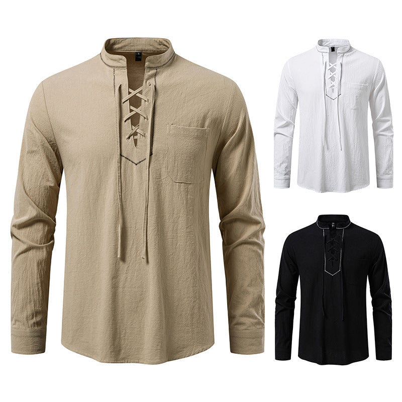Herren Langarmshirt mit hochwertigem Stehkragen und dekorativer Schnürung R&B