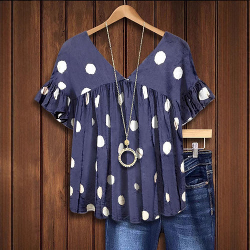 Damen fließendes Punkteshirt mit V-Ausschnitt und Rüschendetails R&B