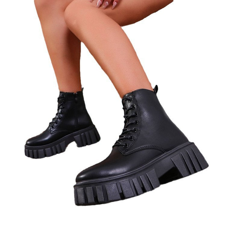 Damen robuste Chunky Stiefel mit hohem Plateausohle und schnürbarem Design R&B
