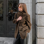 Damen Modische Wildlederjacke im Oversized-Schnitt mit klassischem Kragen und praktischen Taschen R&B