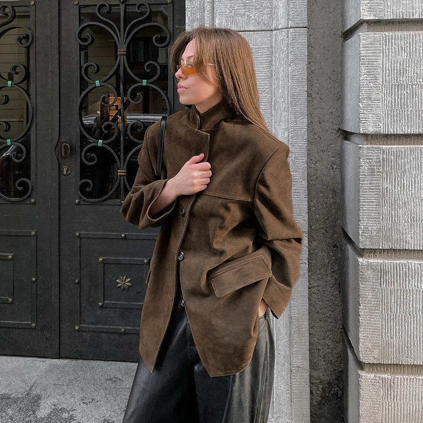 Damen Modische Wildlederjacke im Oversized-Schnitt mit klassischem Kragen und praktischen Taschen R&B