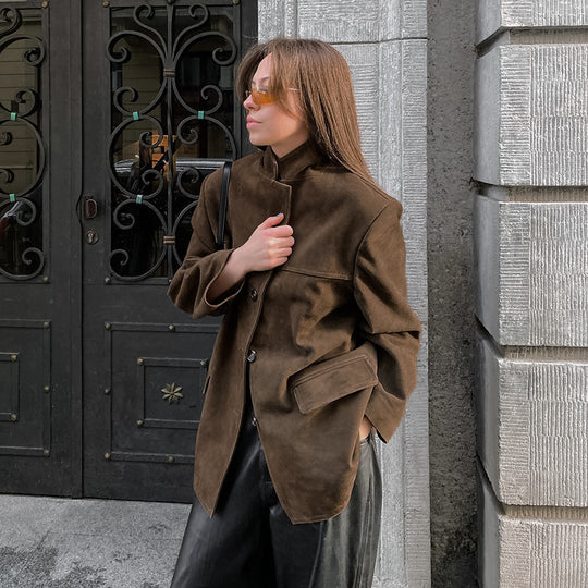 Damen Modische Wildlederjacke im Oversized-Schnitt mit klassischem Kragen und praktischen Taschen R&B