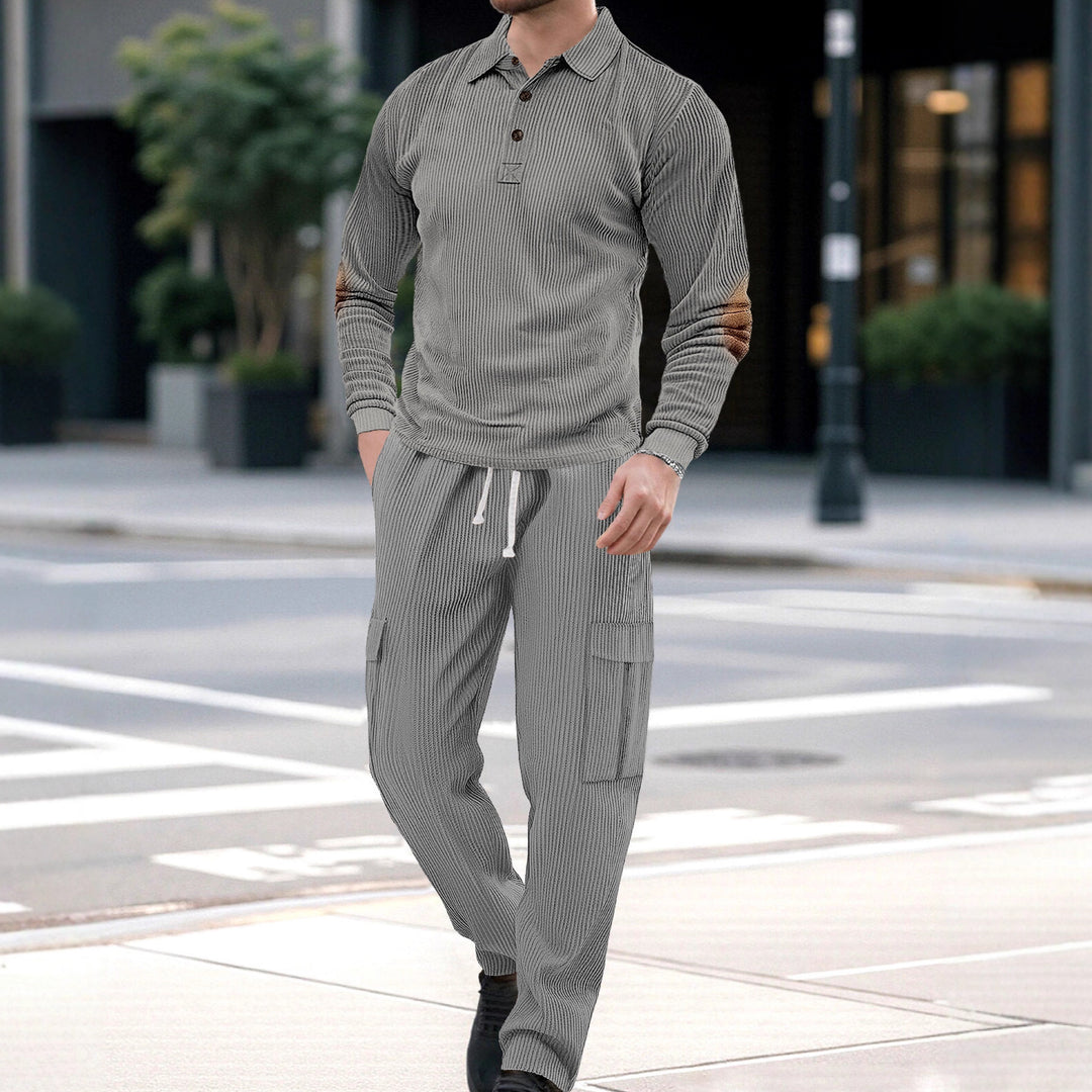 Herren nan geripptes Lounge-Set mit Polokragen Ellenbogenpatches und Cargohose R&B