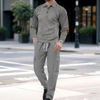 Herren nan geripptes Lounge-Set mit Polokragen Ellenbogenpatches und Cargohose R&B
