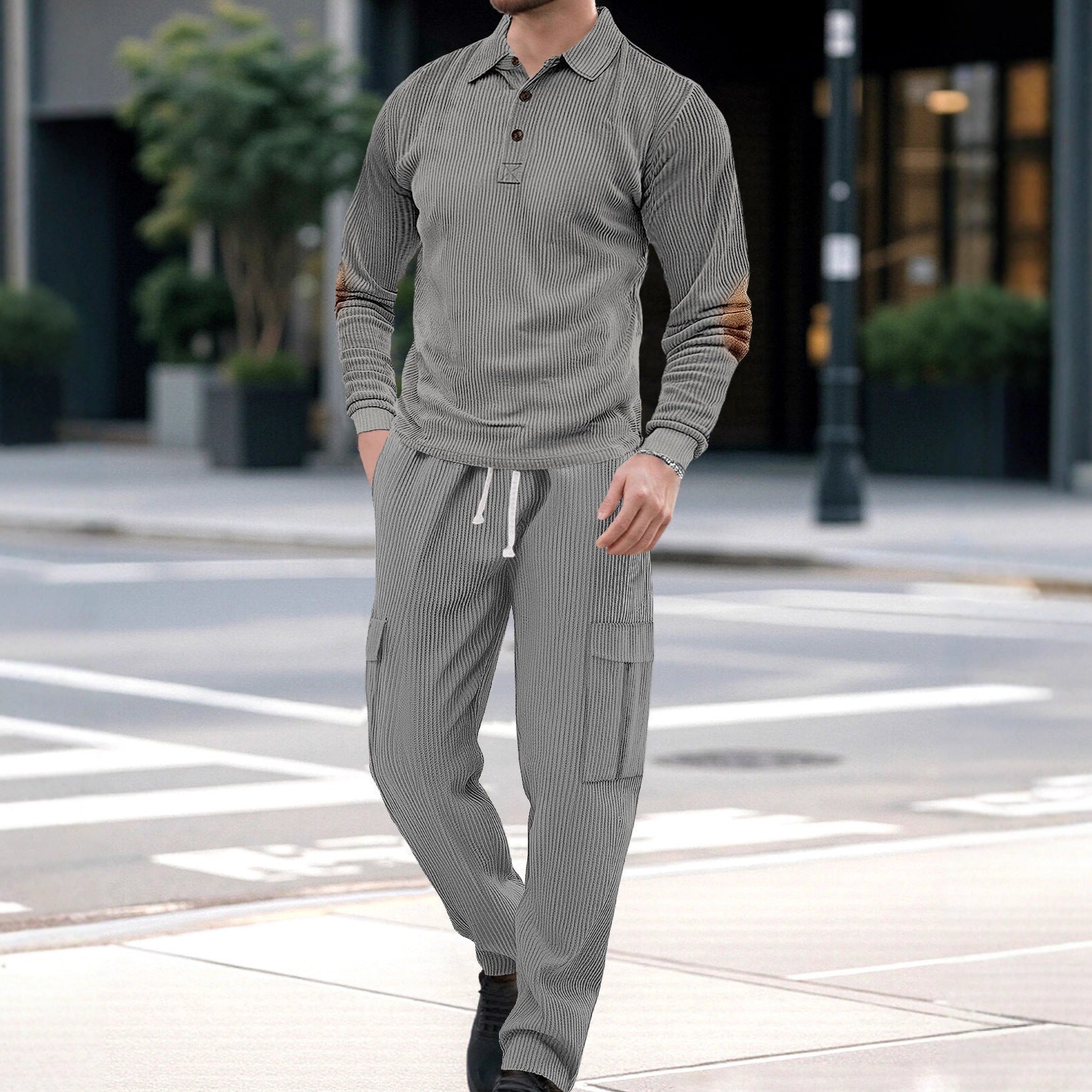 Herren nan geripptes Lounge-Set mit Polokragen Ellenbogenpatches und Cargohose R&B