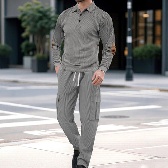Herren nan geripptes Lounge-Set mit Polokragen Ellenbogenpatches und Cargohose R&B