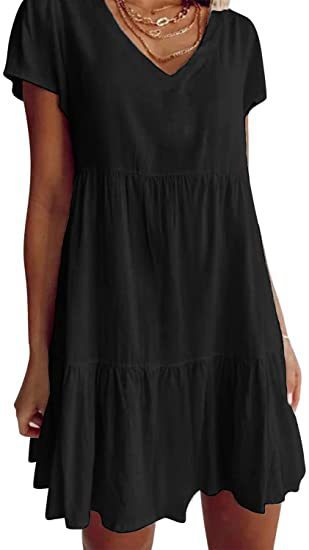Damen luftiges V-Ausschnitt Kleid mit Rüschensaum und praktischen Taschen R&B