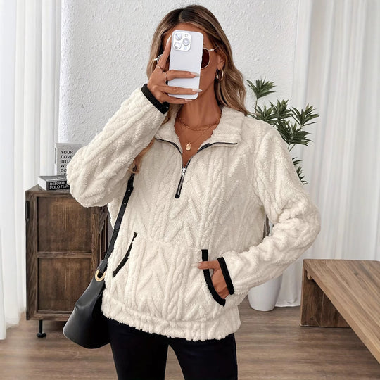 Damen Flauschiger Teddy-Pullover mit hohem Kragen und Eingrifftaschen R&B