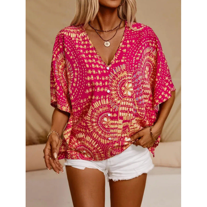 Damen Strandbluse im lässigen Boho-Stil mit bunten Mustern und voluminösen Ärmeln R&B