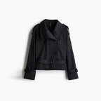 Damen trendige Kurzjacke im modernen Trenchcoat-Stil mit breitem Kragen und Taillengürtel R&B