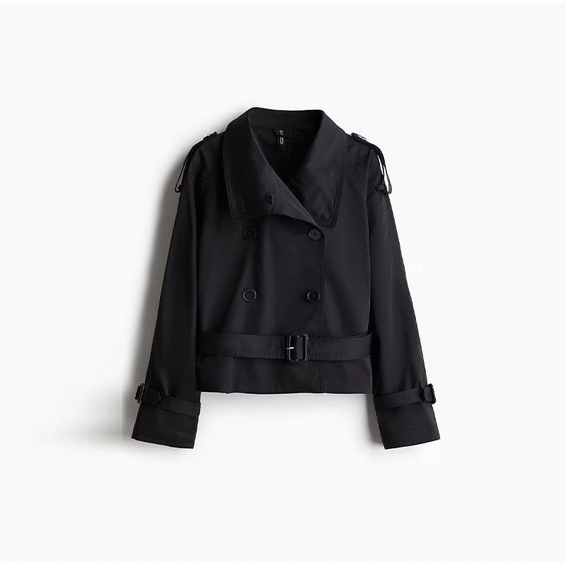 Damen trendige Kurzjacke im modernen Trenchcoat-Stil mit breitem Kragen und Taillengürtel R&B
