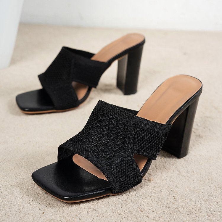 Damen nan gestrickte Sommermule mit niedrigem Blockabsatz und quadratischer Zehenform R&B