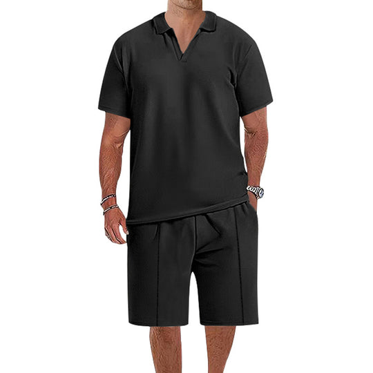 Herren lässiges Kurzarm-Polohemd und Shorts-Set aus atmungsaktivem Stoff R&B