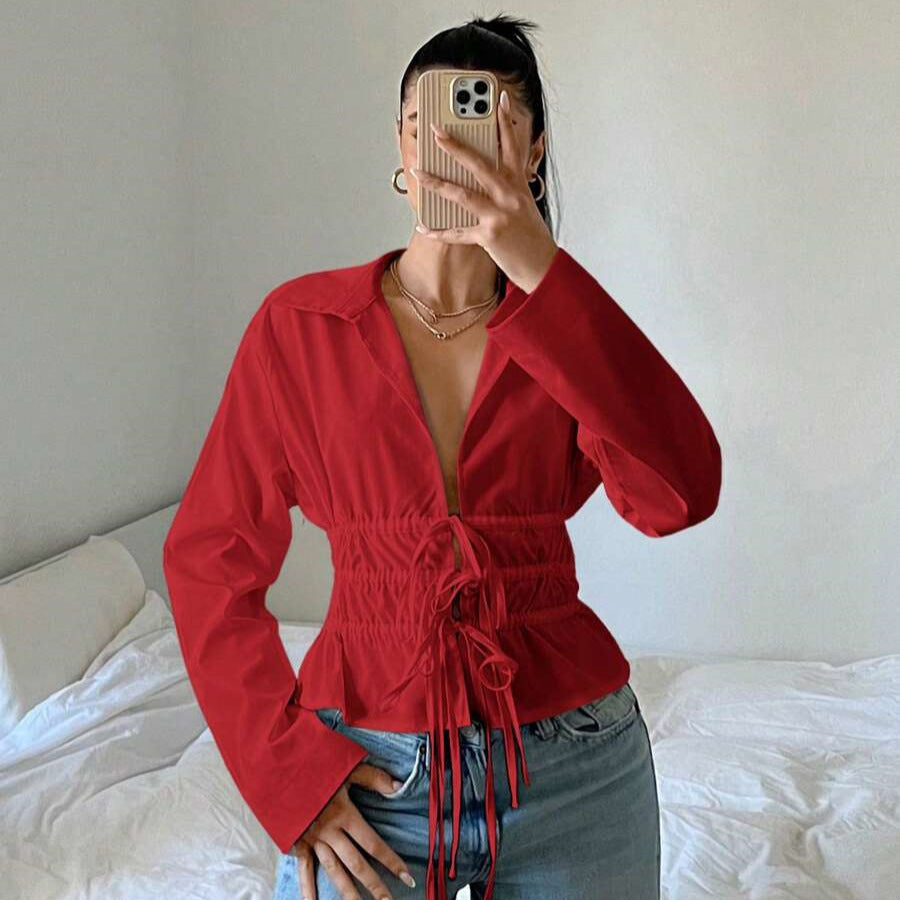 Damen zip-up Bluse mit Raffung und langen Ärmeln R&B