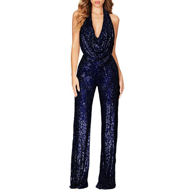 Damen Glitzerndes Jumpsuit mit tiefem V-Ausschnitt und weitem Bein R&B