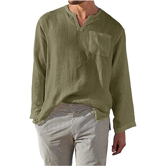 Herren Leinen Langarmshirt mit Henley-Ausschnitt und Brusttasche R&B