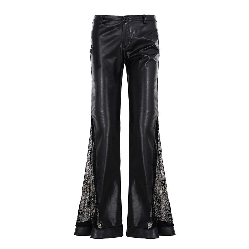 Damen Kunstlederhose mit transparenten Spitzen-Einsätzen und ausgestelltem Bein R&B