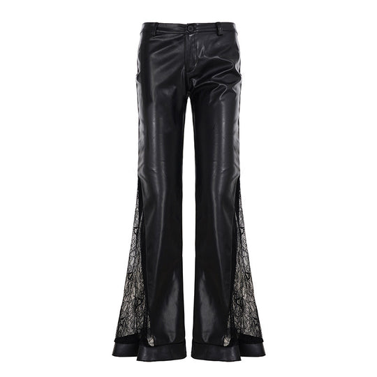 Damen Kunstlederhose mit transparenten Spitzen-Einsätzen und ausgestelltem Bein R&B