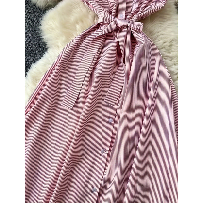 Damen Langarm Hemdblusenkleid mit Gürtel und gestreiftem Design R&B