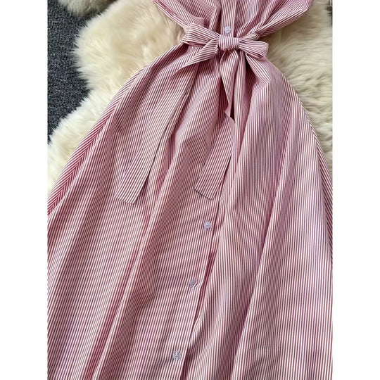 Damen Langarm Hemdblusenkleid mit Gürtel und gestreiftem Design R&B