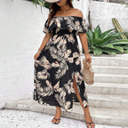 Damen Off-Shoulder Maxikleid mit raffinierten Rüschen und seitlichem Schlitz R&B