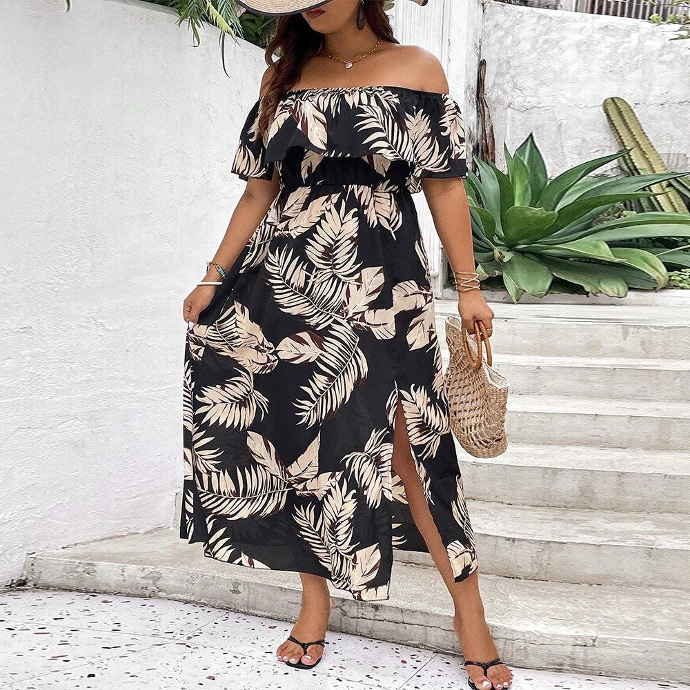 Damen Off-Shoulder Maxikleid mit raffinierten Rüschen und seitlichem Schlitz R&B