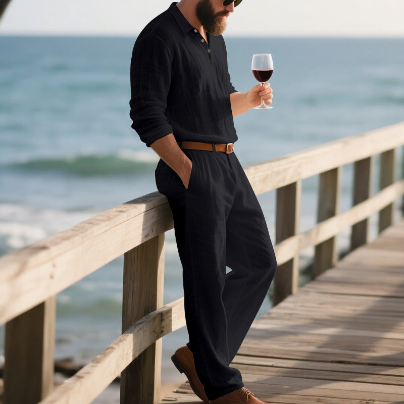 Herren eleganter Freizeit-Jumpsuit mit praktischen Taschen und stylischem Henley-Ausschnitt R&B