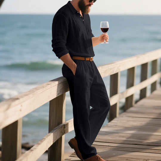 Herren eleganter Freizeit-Jumpsuit mit praktischen Taschen und stylischem Henley-Ausschnitt R&B