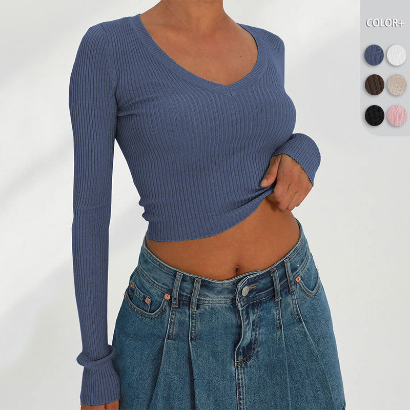 Damen figurbetontes Langarmcropped Oberteil aus Rippstrick R&B